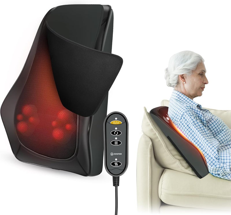 COMFIER مدلك ظهر مع حرارة، مدلك عنق وظهر عميق بتقنية الشياتسو مع اهتزاز وحرارة، وسادة تدليك للعنق والظهر كهدية للنساء والرجال - للاستخدام في المنزل والمكتب - Image 1